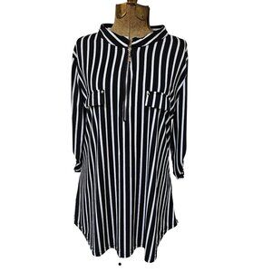 BEPEI Womens Blouse Size XL Black White Stripe Quarter Zip Chest Pockets Casual
